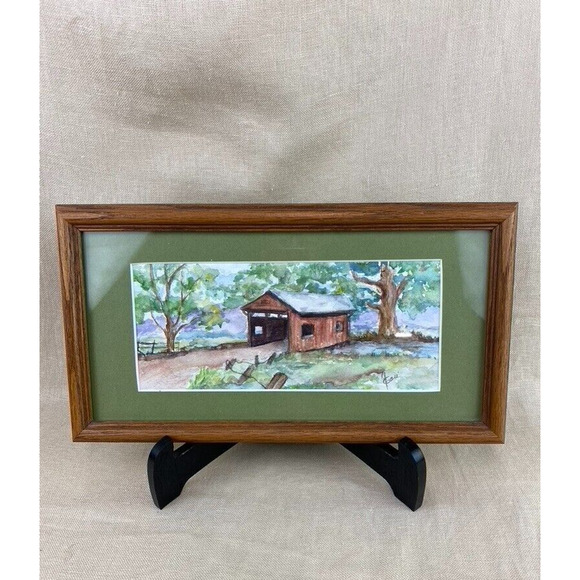 Original Covered Bridge Watercolor Oak Framed Matted Signed - Picture 1 of 7